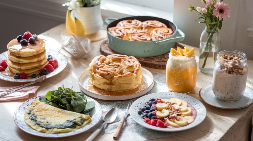 A beautifully arranged Mother's Day breakfast spread on a rustic wooden table. The spread includes a stack of fluffy lemon ricotta pancakes topped with fresh berries and syrup, a warm cinnamon roll casserole drizzled with icing, a vibrant mango coconut chia pudding in a glass jar garnished with mango slices and shredded coconut, and a savory spinach and feta omelette on a plate with a side of fresh greens. A peach and almond smoothie bowl with granola and nuts sits nearby, alongside a jar of banana nut overnight oats topped with sliced bananas and walnuts. Soft morning light streams in, and a small vase of fresh flowers adds a charming touch to the cozy, inviting scene; Mother's Day breakfast recipes