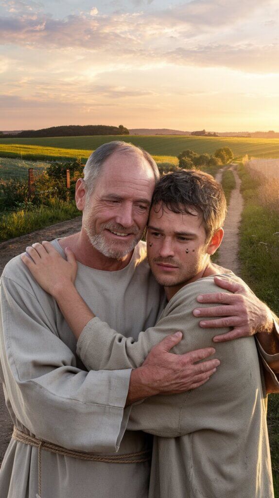 A father and child share a warm embrace on a farm, symbolizing love and forgiveness. parables of Jesus