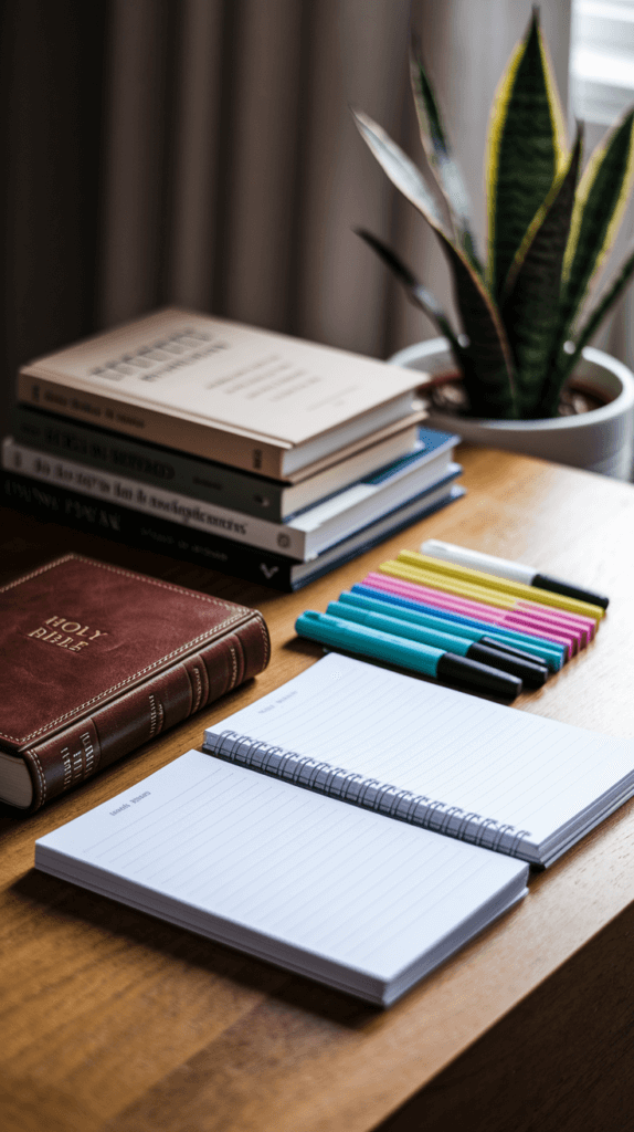 A neatly organized collection of practical Bible study resources rests on a wooden desk, bathed in warm, natural lighting. In the foreground, a well-worn leather-bound Bible, a set of highlighted notepads, and a collection of pens and highlighters. In the middle ground, a stack of reference books on biblical history, theology, and exegesis. In the background, a potted plant and a gentle, contemplative atmosphere, inviting deeper engagement with the transformative truths of Scripture.