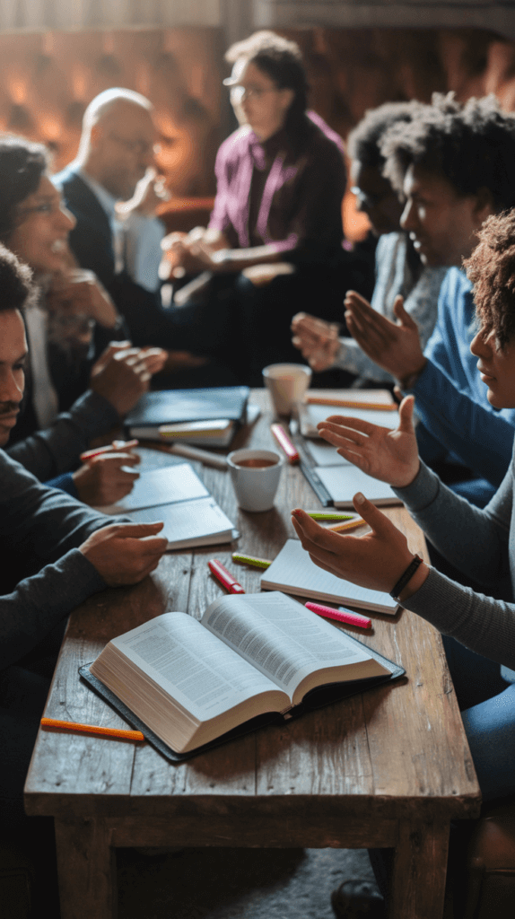 Engaging bible study activities: A cozy, well-lit room with plush chairs and a wooden table. On the table, an open Bible, highlighters, notebooks, and cups of hot tea. In the foreground, a group of diverse individuals deeply engaged in discussion, their expressions pensive and their hands gesturing animatedly. Behind them, warm-toned lighting casts a soft glow, creating an atmosphere of contemplation and fellowship. The scene evokes a sense of community, intellectual curiosity, and spiritual connection as they delve into the scriptures together.