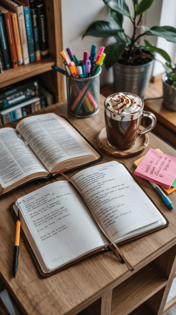 Preparing to take Bible study notes with a Bible and journal open on a brown table with hot chocolate beside them. 