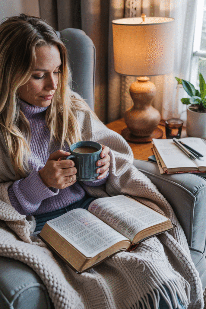 Consistent Bible study, woman in gray sweater with blanket and Bible on her knees holding a cup of coffee while she reads