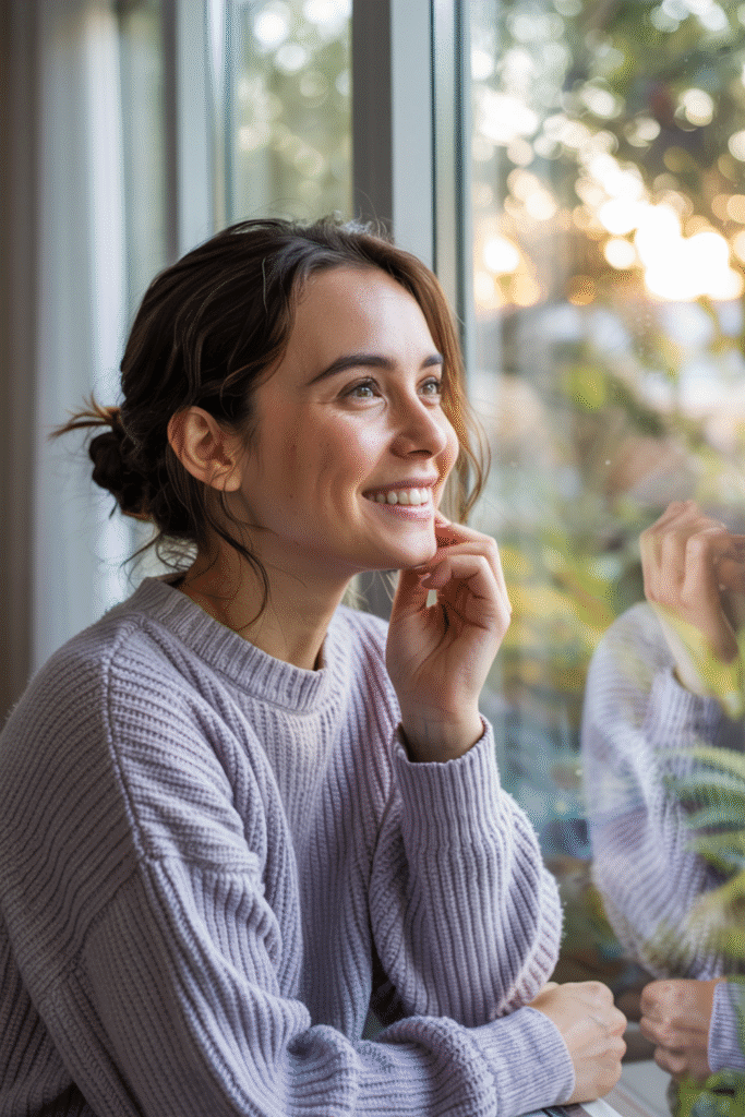 woman in bluish gray sweater smiling and looking out a window