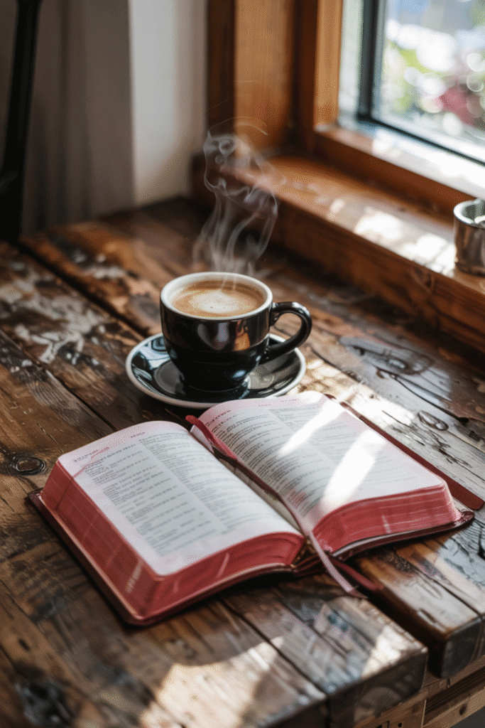 hot coffee in a mug on a wooden table; Bible open for Bible study; light coming in through a window on the right side