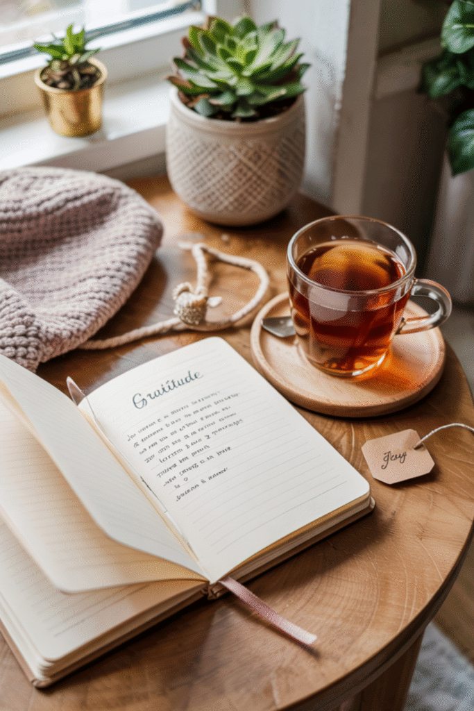 journal open on a table with a cup of tea by it; Journal says Gratitude; consistent Bible study