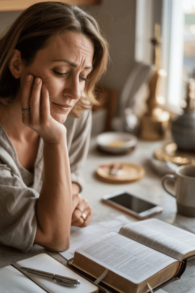 Overwhelmed woman with chin leaning on right hand, elbow on the table by an open journal and Bible, mess on the counter behind her