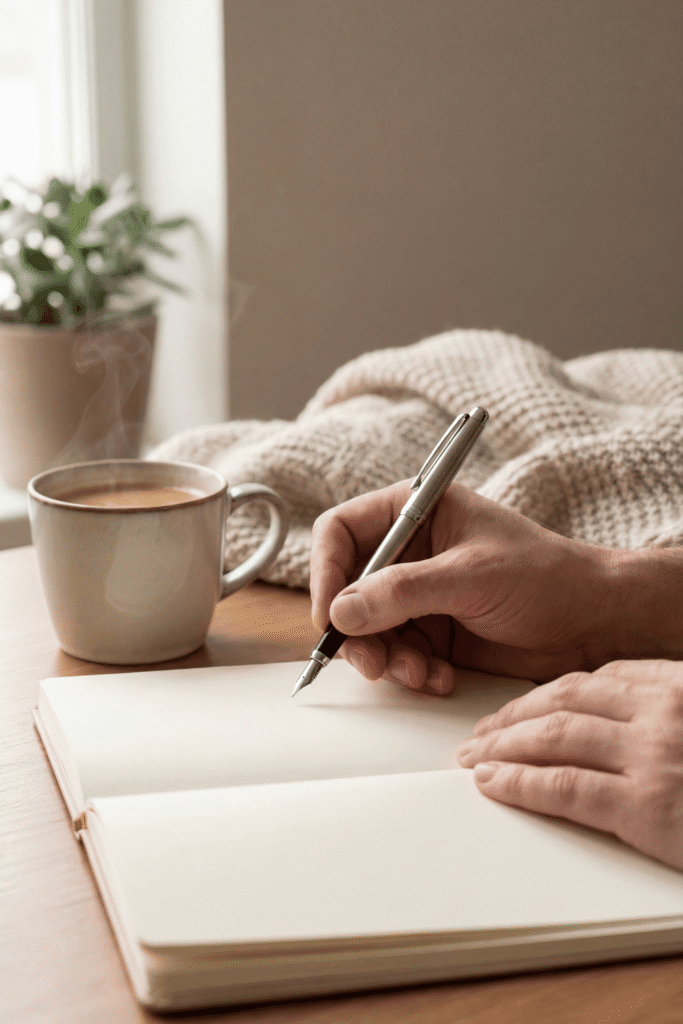 open journal on a table; potted plant in the background, tan blanket laid in background (crumpled up), hot coffee in a mug; hand holding a pen to write in the journal;